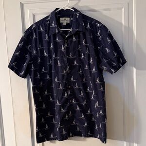 Navy Sailboat Print Casual Button-Down Shirt